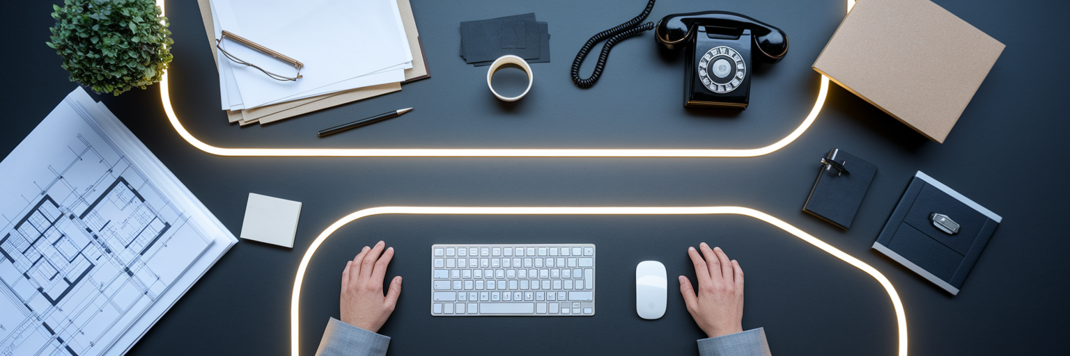 Organized professional desk with distinct work zones.