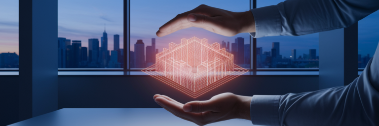 Hands protecting a holographic architectural model.