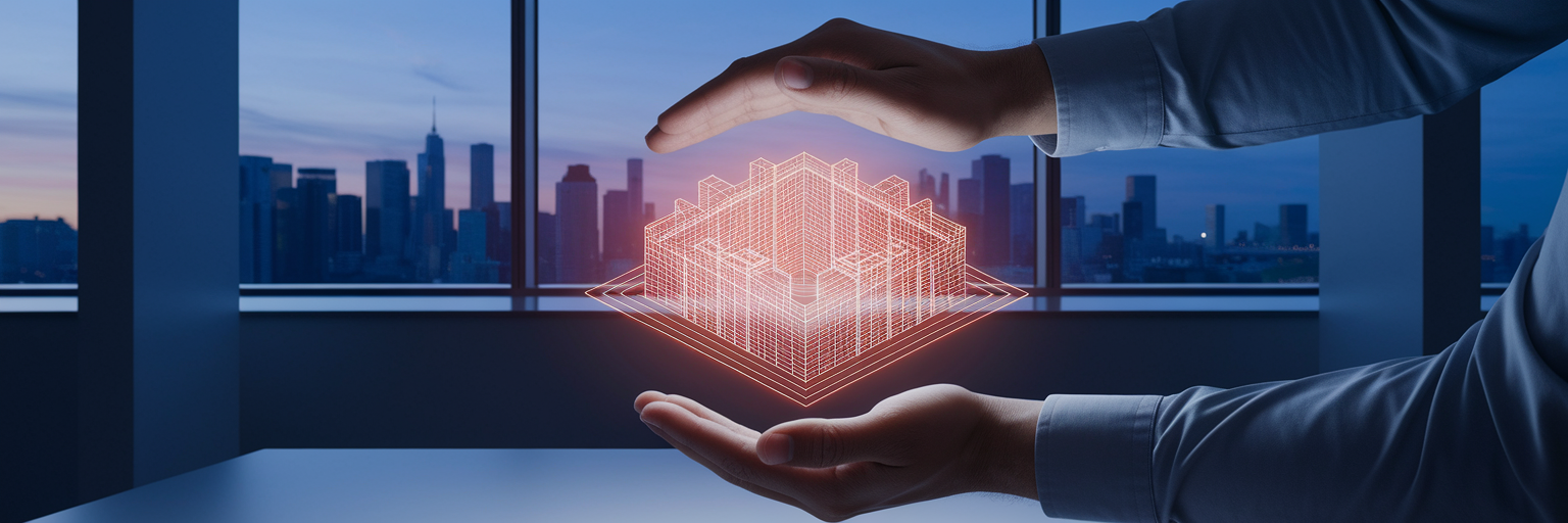 Hands protecting a holographic architectural model.
