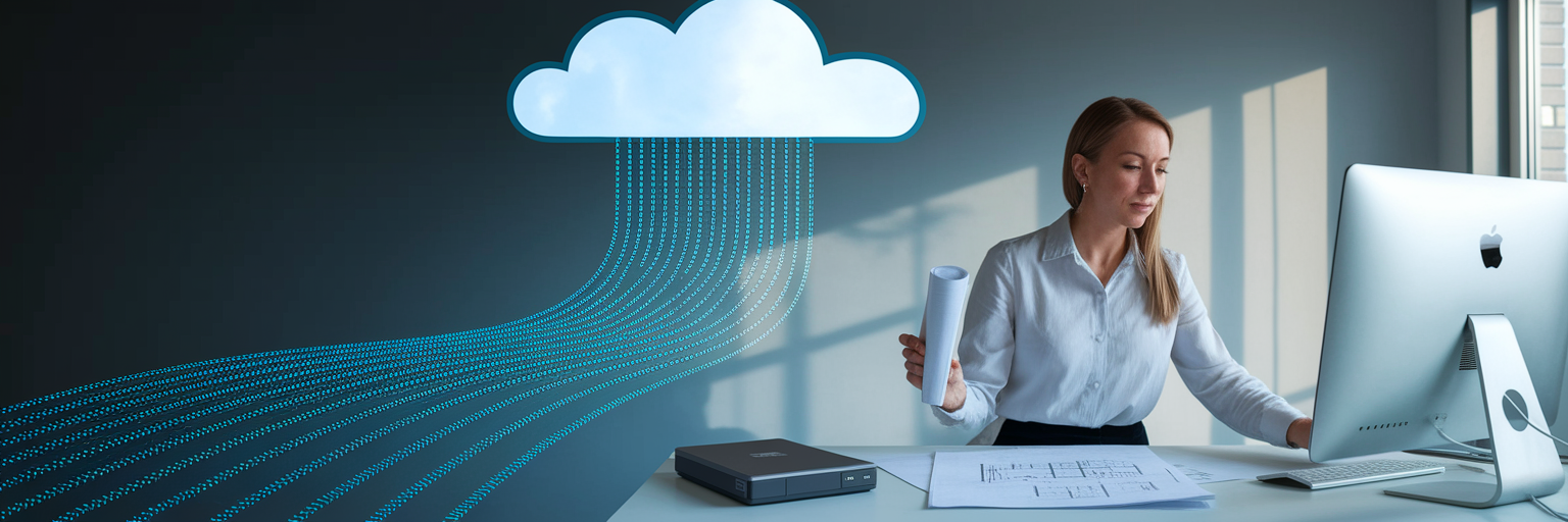 Small business owner working with secure cloud backup.