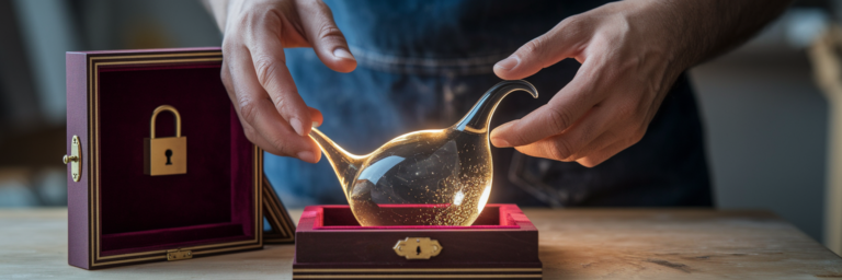 Hands placing a glass bird into a secure box.