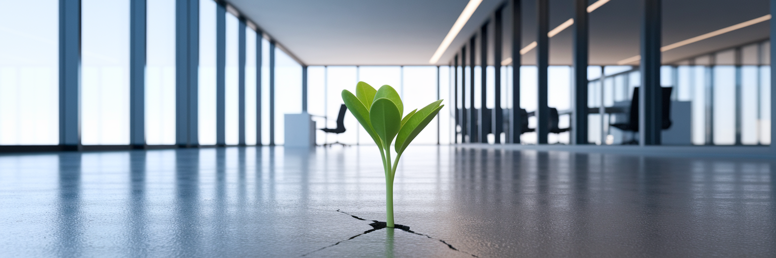 Green sprout growing from concrete floor.