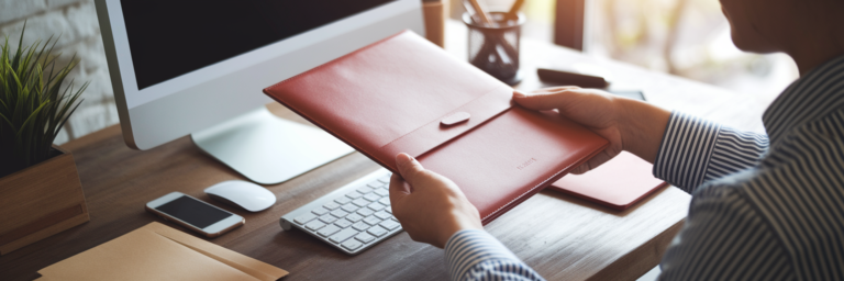 Freelancer securely handing folder to client.