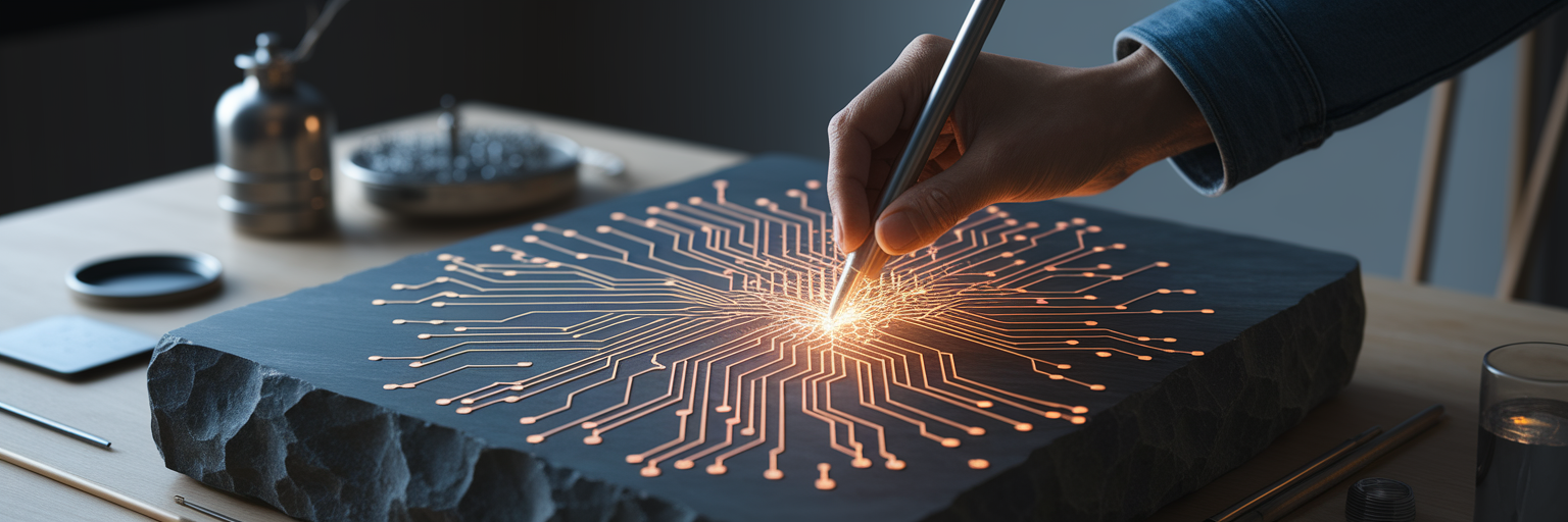 Hand carving digital circuit into stone.