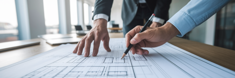 Hands collaborating over a project blueprint.