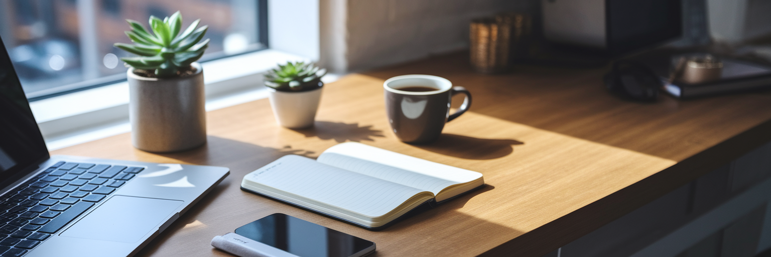 Organized freelancer home office desk.