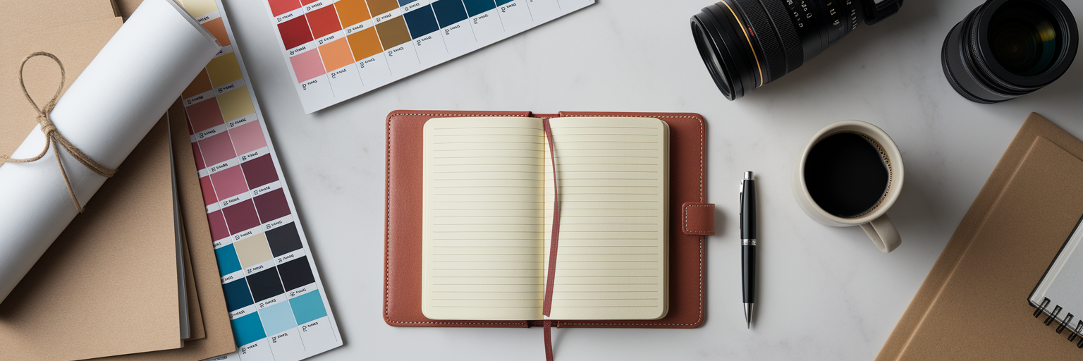 Freelancer desk with organized project items.