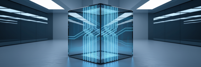 Glowing cube representing secure cloud data.