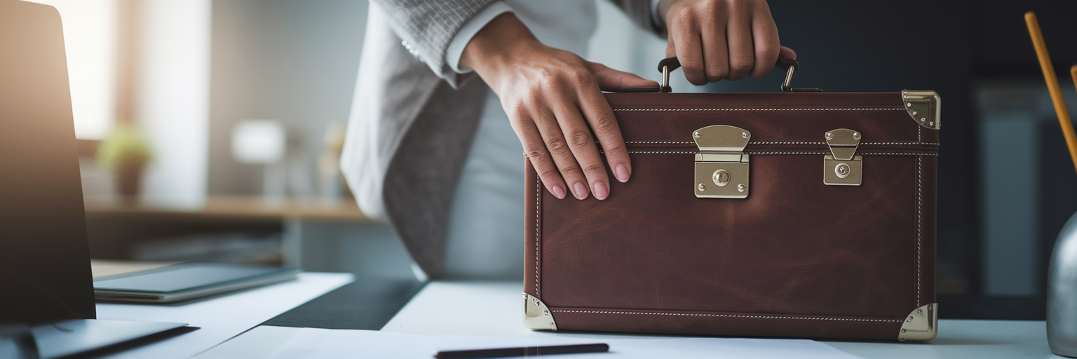 Hands securely closing a leather briefcase.
