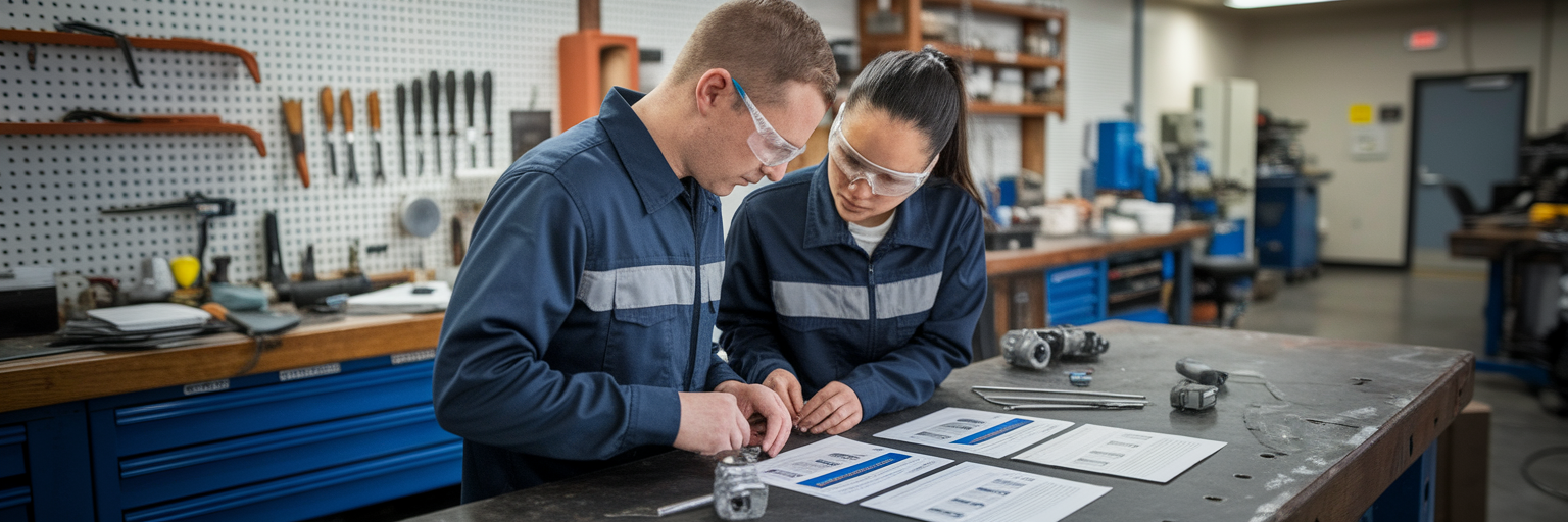 Two employees collaborating in an organized workshop.