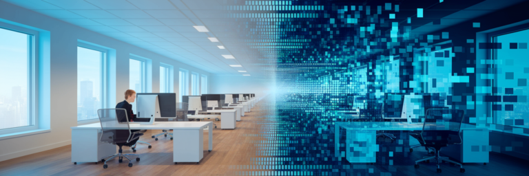 Office split between calm and digital chaos.