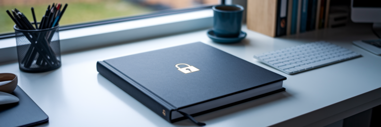 Secure portfolio book on modern desk.