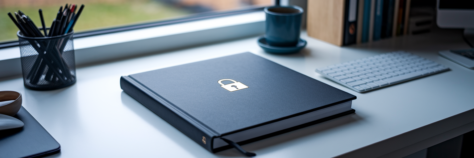 Secure portfolio book on modern desk.