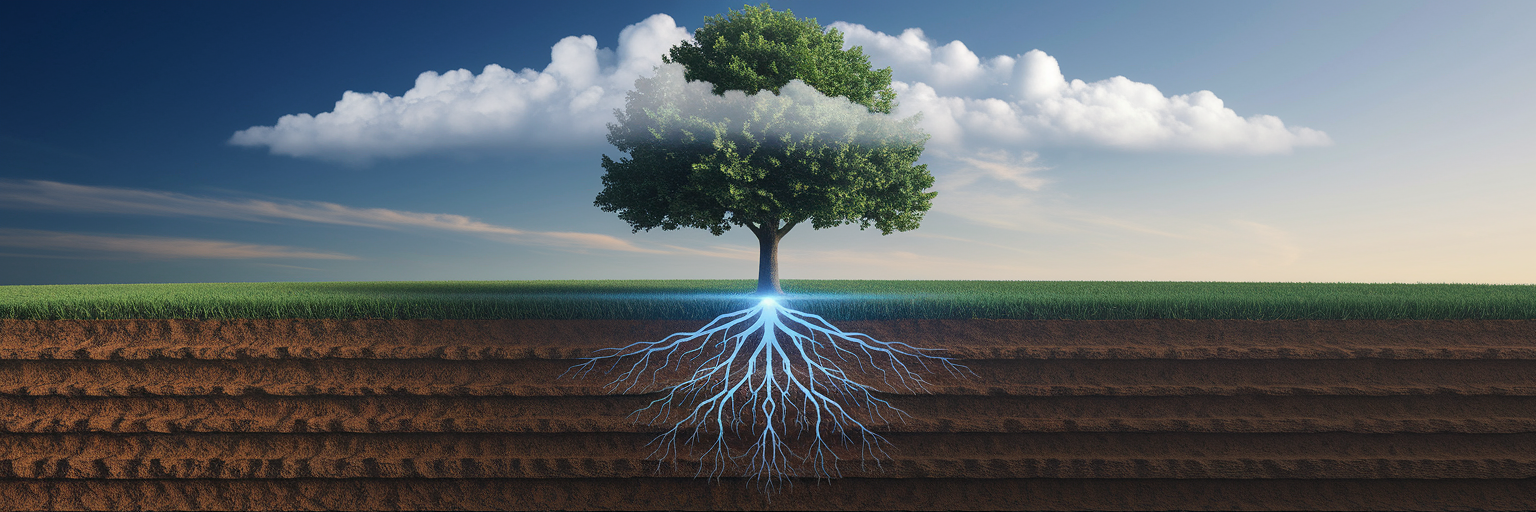 Strong tree with glowing digital roots.