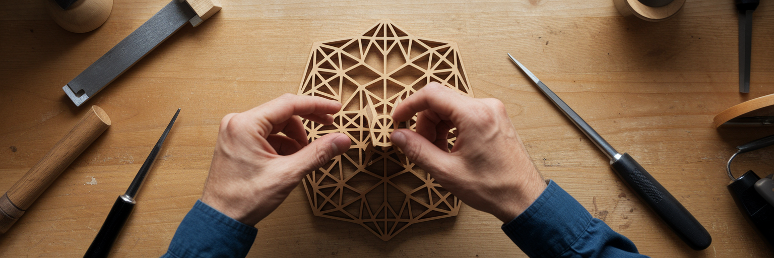 Craftsman completing a complex wooden puzzle.