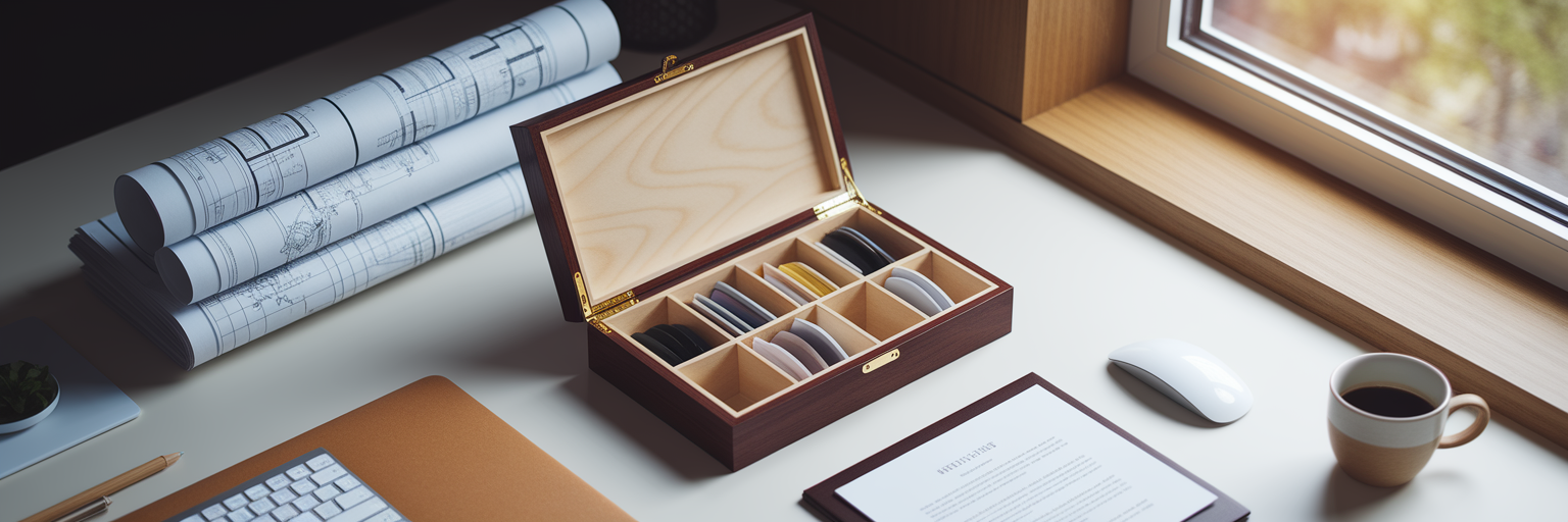 Organised wooden box on freelancer's desk