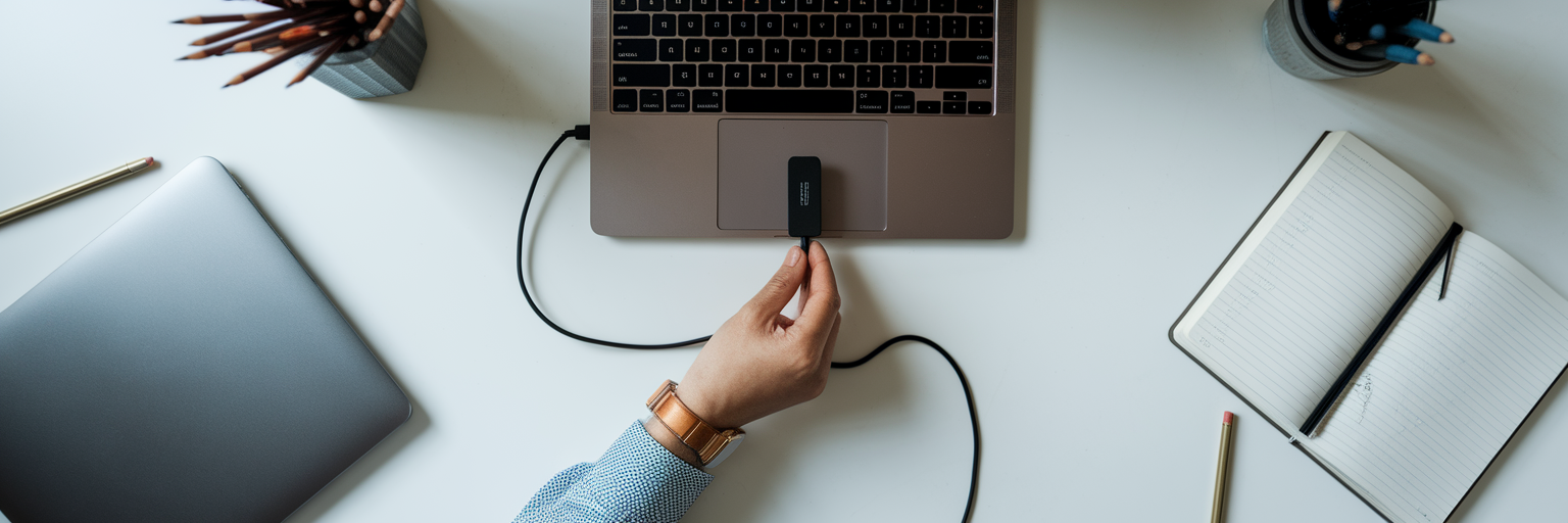 Hand plugging in external backup drive.