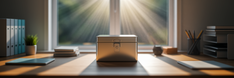 Secure locked box on clean desk.
