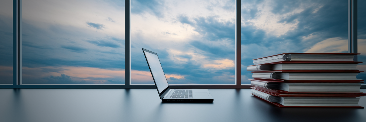 Modern office with laptop and view of clouds.