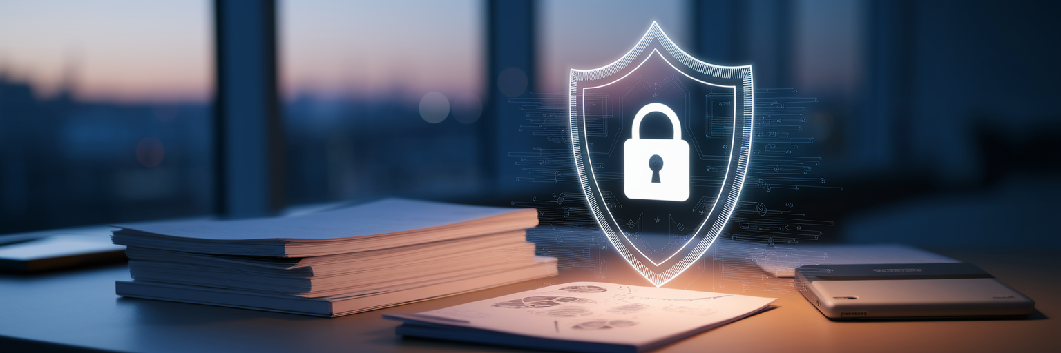 Glowing digital shield protecting business assets on a desk.