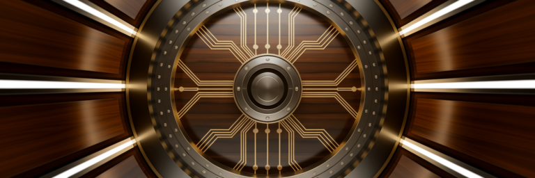 Secure digital vault door with glowing inlays.