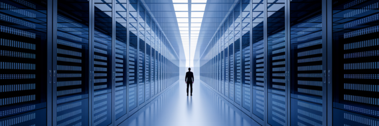 Person in vast modern data archive hall.