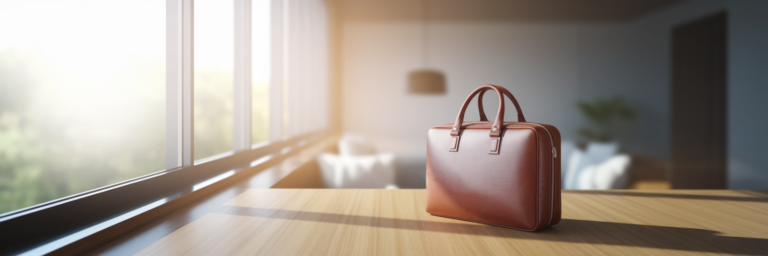 Secure leather satchel on home office desk.