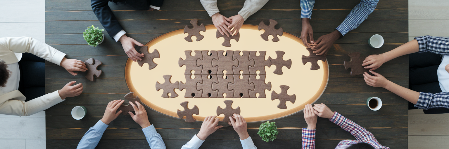 Team hands collaborating on a central puzzle box.