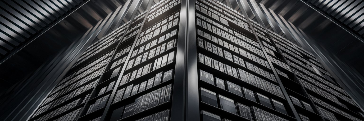 Organized library shelves of hard drives.