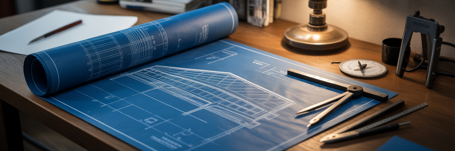 Architectural blueprint and drafting tools on a desk.