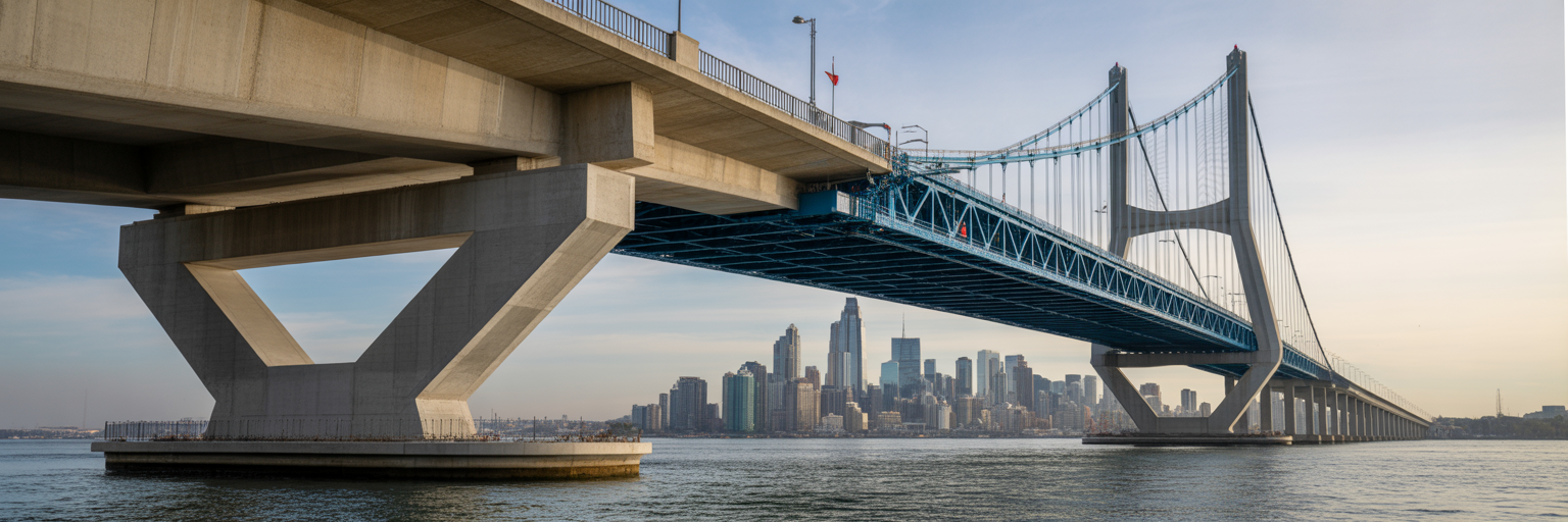 Strong bridge connecting business to city skyline.