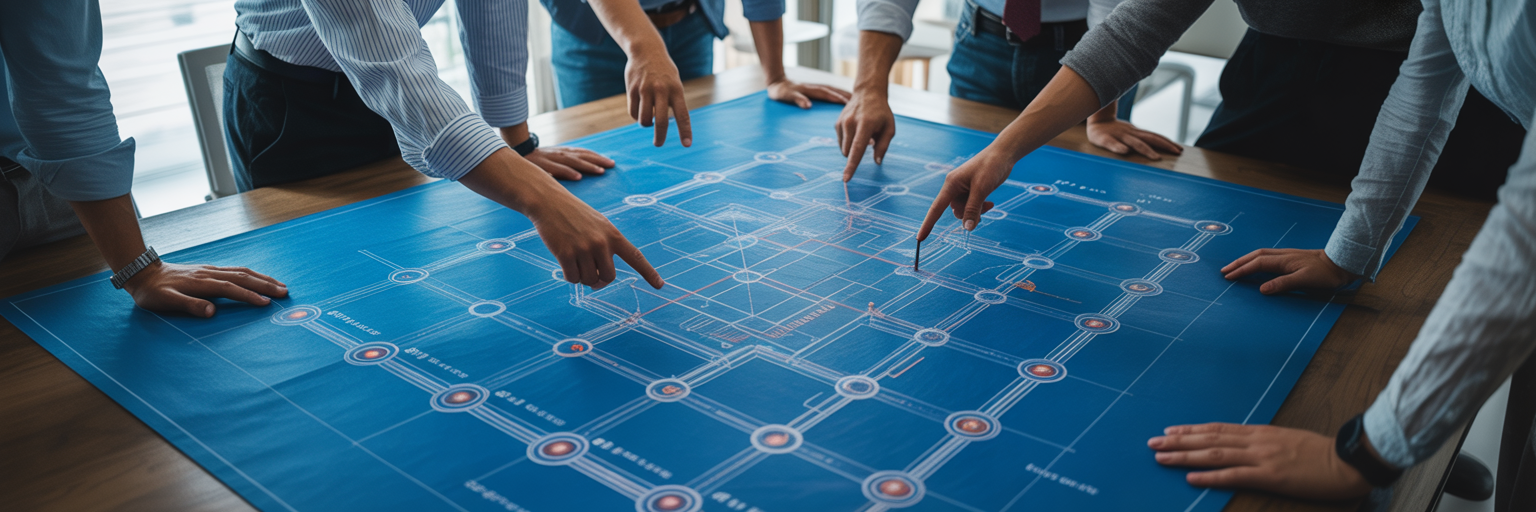 Team collaborating on digital strategy blueprint.