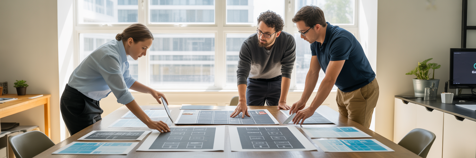Diverse team planning a website layout.