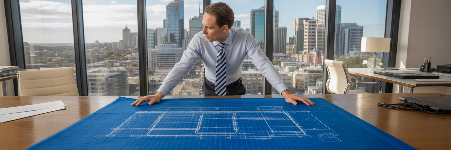 Business owner reviewing a structured blueprint.
