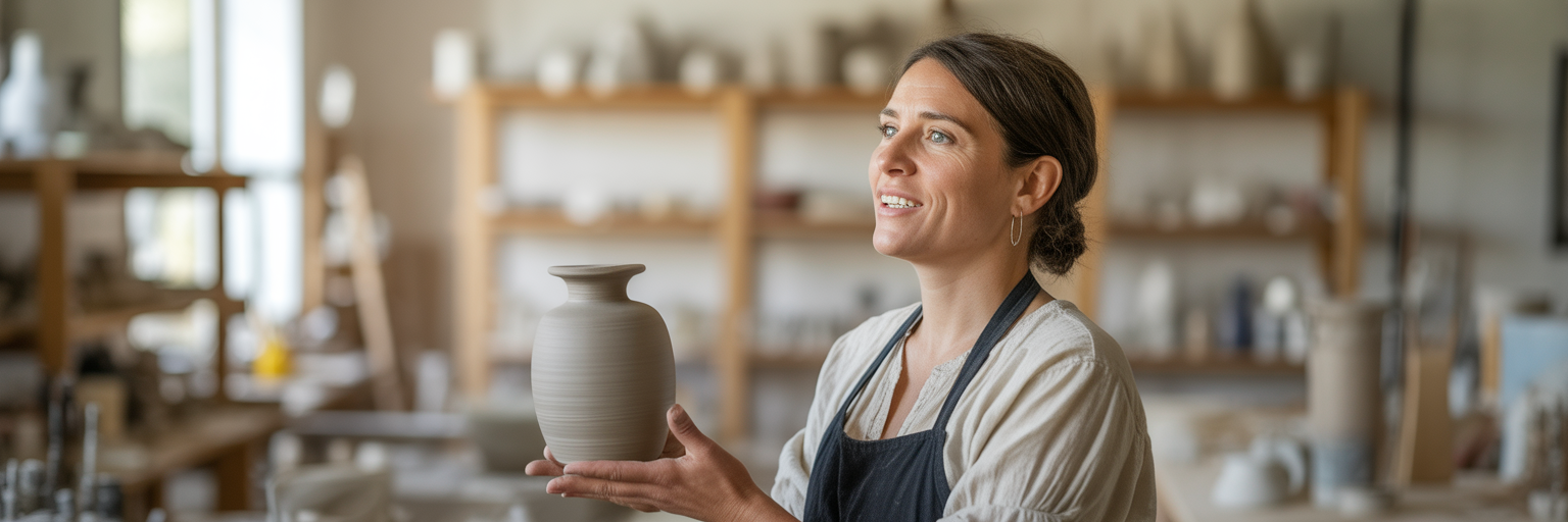 Female artisan explaining her craft in a studio.