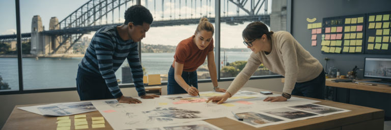 Creative team storyboarding a video in Sydney office.