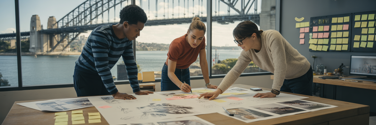 Creative team storyboarding a video in Sydney office.