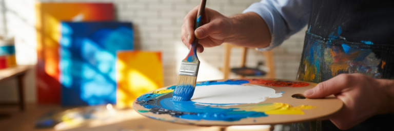 Artist mixing blue and white paint.