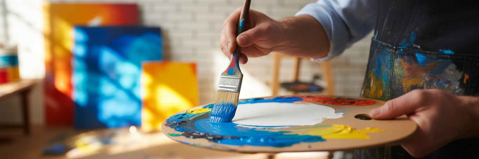 Artist mixing blue and white paint.