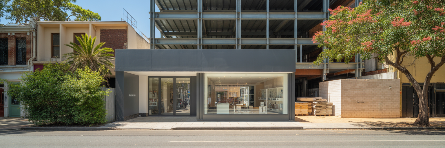 Storefront with scalable construction frame next door
