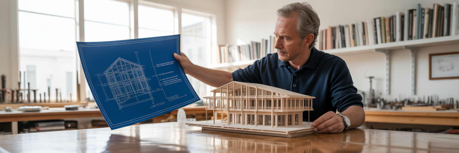 Craftsman comparing blueprint to small scale model.