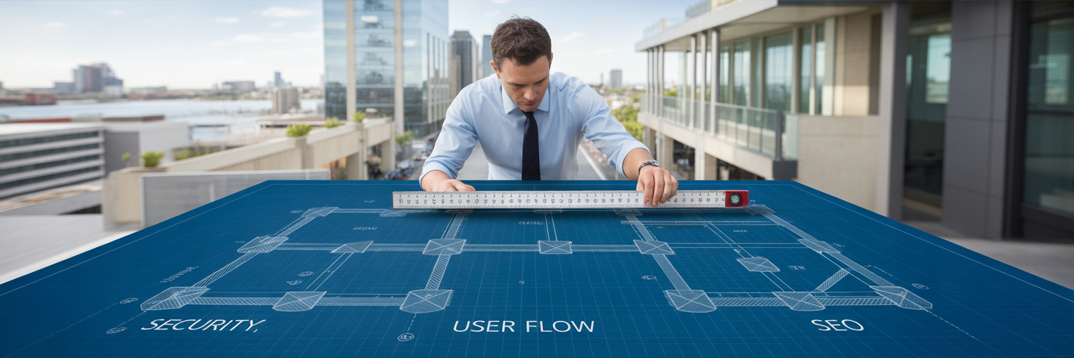 Business owner planning website structure blueprint.