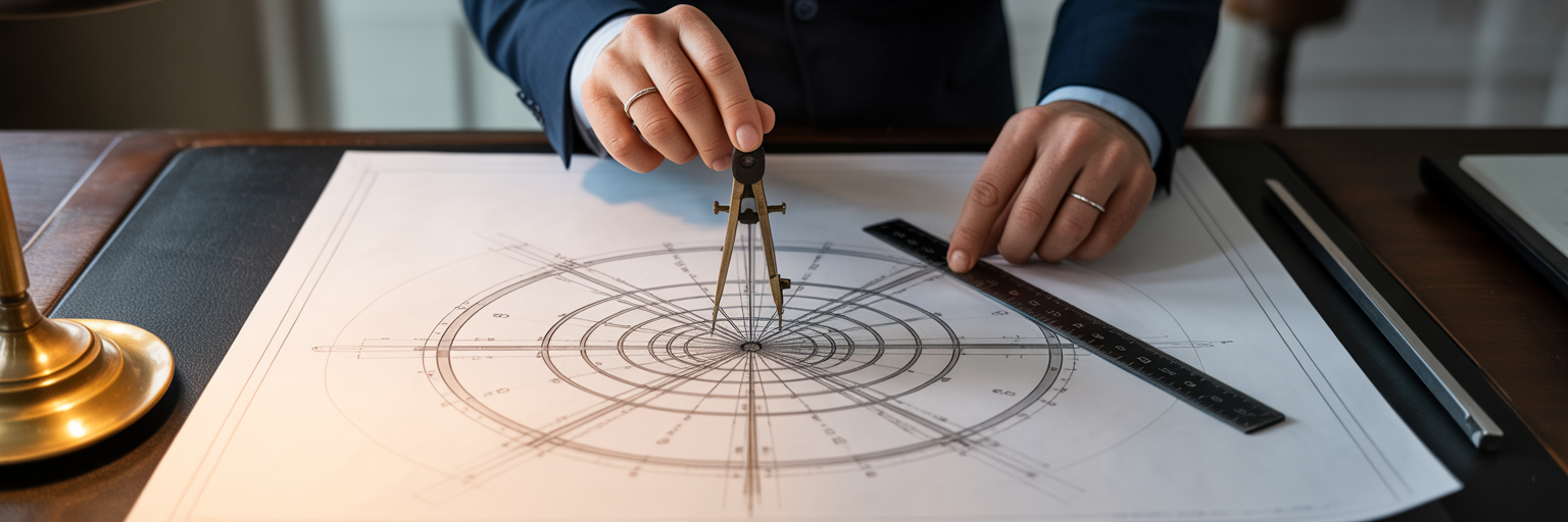 Architect's desk with blueprint and tools.