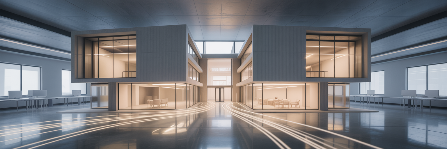 Architectural model with light paths showing traffic flow.