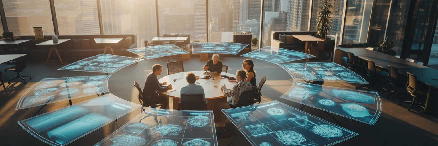 Modern Australian office with holographic interfaces.