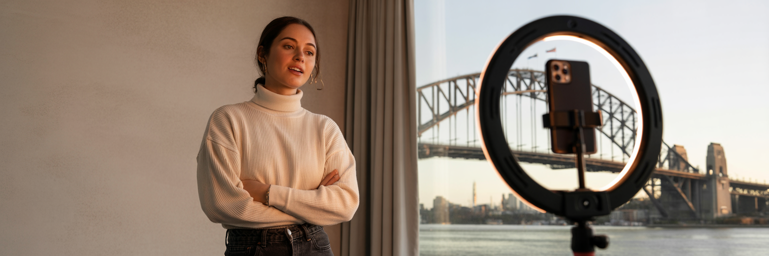 Entrepreneur filming video on smartphone in Sydney.