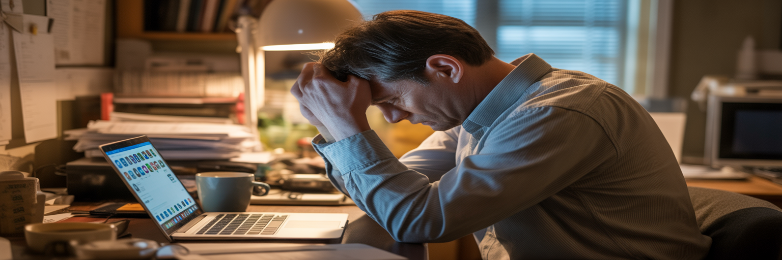 Stressed business owner overwhelmed by social media